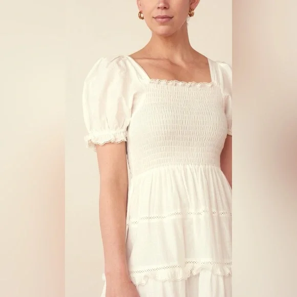 The Great The Savanna Shirred Tiered Cotton-voile Midi Dress - White size 0/XS - Picture 3 of 10